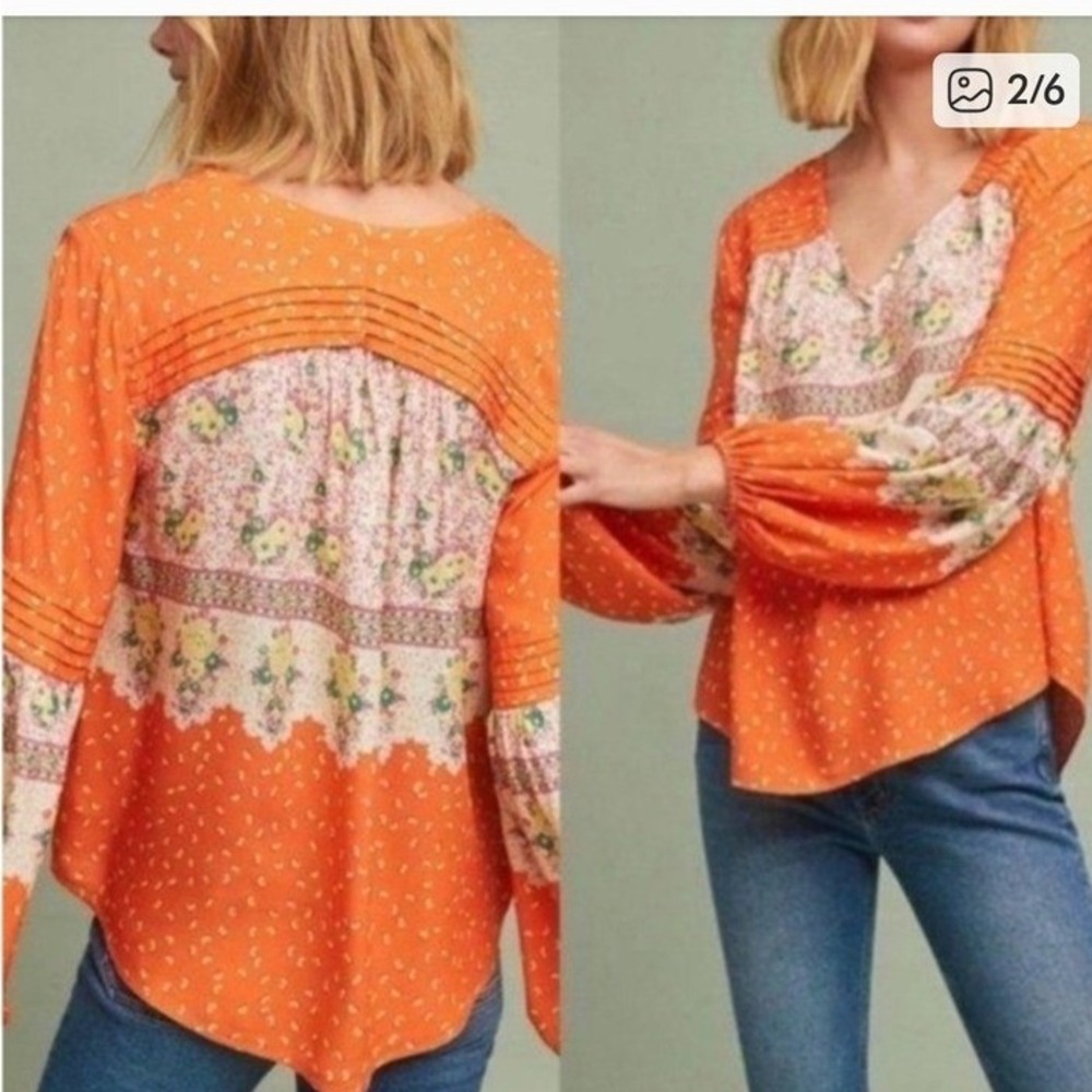 Maeve Anthropologie Orange Floral Peasant Blouse M cottagecore momcore luxury